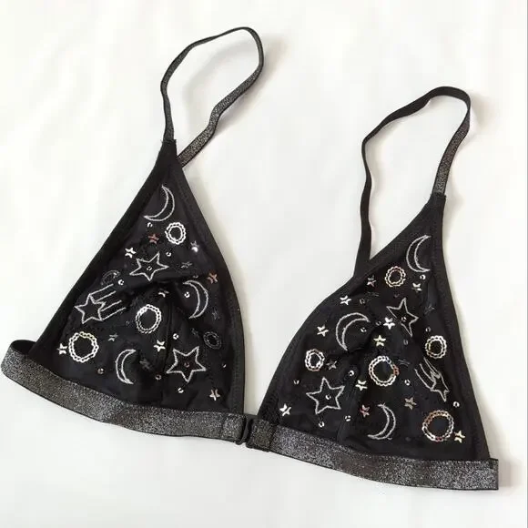 Victoria's Secret Sun Moon Stars Bra Small Black Bling Sequin Astrology Bralette - Picture 4 of 5